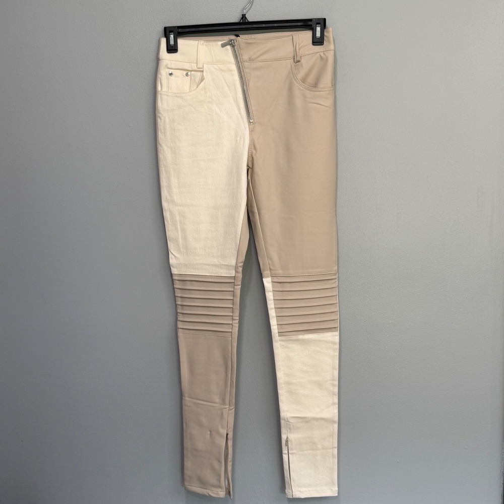 Maniere De Voir Womens Panelled Vegan Leather Denim Moto Pants Beige Cream US 8